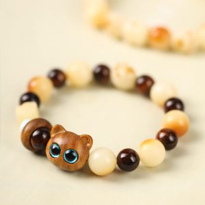 Buddha Stones Natural Bodhi Seed Sandalwood Lucky Cute Cat Head Paw Claw Peace Bracelet Bracelet BS Green Sandalwood Lucky Cat(Wrist Circumference 14-17cm)