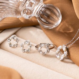 Buddha Stones 925 Sterling Silver Pearl Leaf Design Healing Wisdom Necklace Pendant Ring Earrings Set Bracelet Necklaces & Pendants BS 3Pcs(Necklace Earrings&Ring)