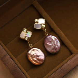 Buddha Stones 925 Sterling Silver Posts Copper Plated Gold Natural Baroque Pearl Healing Drop Earrings 1