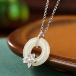 Buddha Stones 925 Sterling Silver Hetian Jade Peace Buckle Flower Luck Necklace Pendant 7
