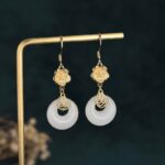 Buddha Stones FengShui White Jade Blessing Drop Earrings Earrings BS 5