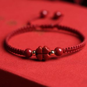 Buddha Stones Four Leaf Clover Five-petal Flower Cinnabar Blessing Red String Bracelet Bracelet BS Cinnabar Lucky Four Leaf Clover(Wrist Circumference 15-19cm)