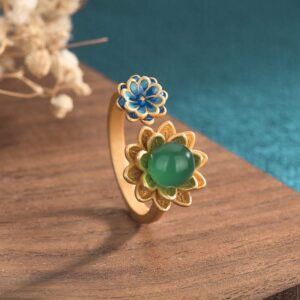 Buddha Stones Lotus Pattern Jade Abundance Adjustable Ring Rings BS Jade