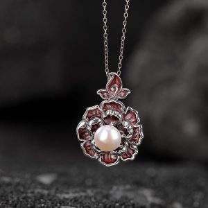 Buddha Stones 999 Sterling Silver Peony Flower Pearl Healing Necklace Pendant Necklaces & Pendants BS 999 Sterling Silver