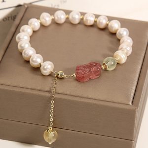Buddha Stones Natural Pearl Strawberry Quartz PiXiu Optimism Charm Bracelet