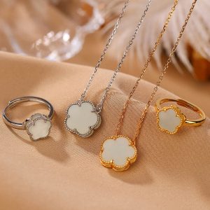 Buddha Stones 925 Sterling Silver Plated Gold Natural Hetian Jade Flower Luck Necklace Pendant Ring Set Bracelet Necklaces & Pendants BS main