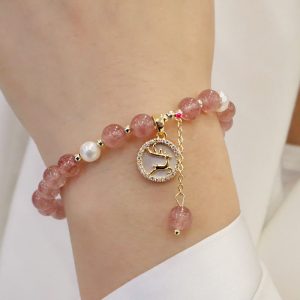 Buddha Stones Strawberry Quartz Pearl Elk Smiley Face Fishtail Fu Character Charm Healing Bracelet Bracelet BS Strawberry Quartz&Elk(Wrist Circumference 14-19cm)