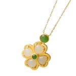 Buddha Stones 925 Sterling Silver Lucky Four Leaf Clover Jade Prosperity Necklace Chain Pendant Necklaces & Pendants BS 14