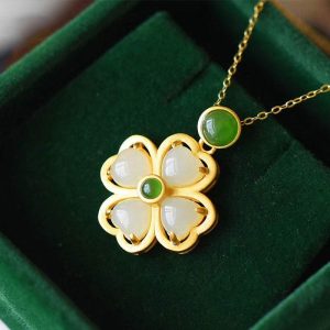 Buddha Stones 925 Sterling Silver Lucky Four Leaf Clover Jade Prosperity Necklace Chain Pendant Necklaces & Pendants BS Jade