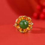 Buddha Stones 925 Sterling Silver White Jade Cyan Jade Lotus Flower Success Ring Ring BS 10