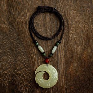 Buddha Stones Peace Buckle Jade Small Leaf Red Sandalwood Cinnabar Agate Luck Necklace Pendant