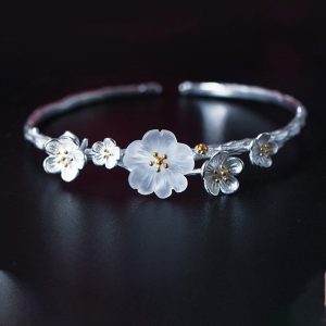 Buddha Stones 925 Sterling Silver Plum Flower Blessing Bracelet Adjustable Bangle Bracelet BS Plum Flower&Crystal