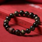 Buddha Stones Natural Gold Sheen Obsidian Rainbow Obsidian Om Mani Padme Hum Fu Character Healing Bracelet Bracelet BS 1