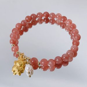 Buddha Stones Year of the Dragon Strawberry Quartz Dragon Pearl Charm Protection Bracelet Bracelet BS Strawberry Quartz Cute Dragon(Wrist Circumference 14-16cm)
