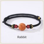 Buddha Stones Natural Peach Wood Chinese Zodiac Fu Character Carved Cinnabar Wealth Bracelet Bracelet BS Rabbit-Black(Wrist Circumference 14-22cm)