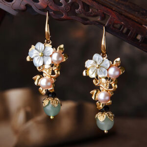Buddha Stones 14K Gold Plated Tridacna Stone Flower Pearl Green Aventurine Bead Drop Earrings Earrings BS Gray Tridacna Stone Flower Pearl Light Green Bead