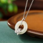 Buddha Stones 925 Sterling Silver Hetian Jade Peace Buckle Flower Luck Necklace Pendant 8