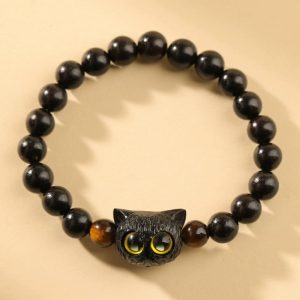 Buddha Stones Cute Ebony Wood Cat Head Pattern Peace Bracelet Bracelet BS Ebony Cat Tiger Eye(Wrist Circumference 14-16cm)