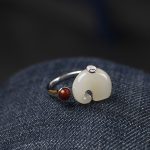 Buddha Stones 925 Sterling Silver Elephant Hetian Jade Abundance Necklace Pendant Bracelet Ring Earrings Set Bracelet Necklaces & Pendants BS Ring(Inner Perimeter 53.1-55.61mm Adjustable)