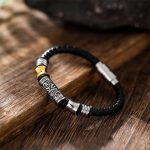 Buddha Stones Tang Dynasty Flower Design Luck Stainless Steel Buckle Leather Bracelet 1