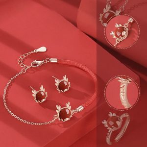 ❗❗❗A Flash Sale- Buddha Stones 925 Sterling Silver Year of the Dragon Cinnabar Red Agate Dragon Protection Bracelet Necklace Pendant Earrings Ring Bracelet Necklaces & Pendants BS Set (Bracelet+Necklace+Earrings+Ring)