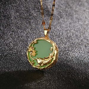 Buddha Stones Natural Jade Koi Fish Lotus Luck Necklace Pendant Necklaces & Pendants BS Cyan jade