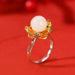 Buddha Stones 925 Sterling Silver White Jade Cyan Jade Lotus Flower Success Ring Ring BS White Jade(Protection♥Blessing)