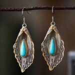 Buddha Stones 925 Sterling Silver Turquoise Bodhi Leaf Pattern Protection Drop Dangle Earrings Earrings BS 4