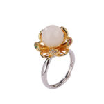 Buddha Stones 925 Sterling Silver White Jade Cyan Jade Lotus Flower Success Ring Ring BS 7