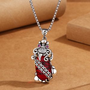 Buddha Stones PiXiu Garnet Copper Coin Wealth Luck Necklace Pendant Necklaces & Pendants BS PiXiu&Chain
