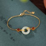 Buddha Stones 925 Sterling Silver Plated Gold Natural Hetian Jade Peace Buckle Red Agate Luck Bracelet Bracelet BS Hetian Jade(Prosperity♥Abundance)(Bracelet Size 16+3cm)