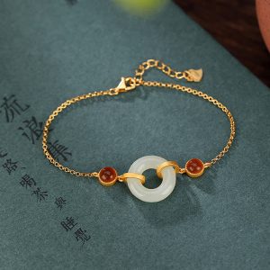Buddha Stones 925 Sterling Silver Plated Gold Natural Hetian Jade Peace Buckle Red Agate Luck Bracelet Bracelet BS Hetian Jade(Prosperity♥Abundance)(Bracelet Size 16+3cm)