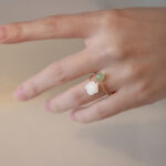 Buddha Stones 14K Gold Plated Tridacna Stone Rose Flower Jade Bead Blessing Ring Ring BS 5