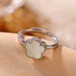 Buddha Stones 925 Sterling Silver Plated Gold Natural Hetian Jade Flower Luck Necklace Pendant Ring Set Bracelet Necklaces & Pendants BS Silver Ring(Inner Perimeter 54-60mm Adjustable)