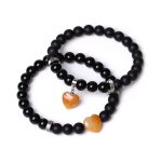 Buddha Stones 2Pcs Black Onyx Crystal Stone Love Heart Protection Support Couple Bracelet Bracelet BS Black Onyx&Topaz