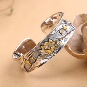 Buddha Stones 925 Sterling Silver Lotus Flower Calm Bracelet Adjustable Bangle Bracelet BS Silver