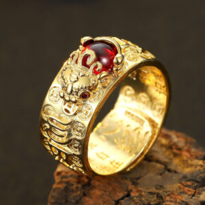 Buddha Stones FengShui PiXiu Red Garnet Heart Sutra Wealth Ring Ring BS main