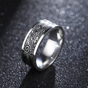 Buddha Stones Vintage Wave Auspicious Clouds Engraved Pattern Titanium Steel Balance Ring Ring BS US14
