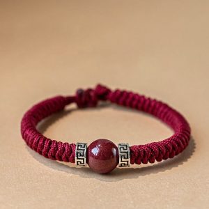 Buddha Stones 925 Sterling Silver Natural Cinnabar Bead Calm Handmade Braided String Bracelet Bracelet BS Dark Red(Men) 19-21cm