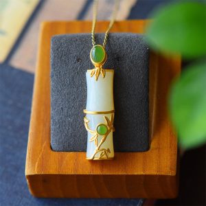 Buddha Stones White Jade Cyan Jade Bamboo Protection Necklace Pendant Necklaces & Pendants BS main