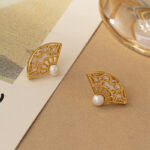 Buddha Stones 925 Sterling Silver Posts Fan Pattern Pearl Copper Wisdom Stud Drop Earrings Earrings BS 1
