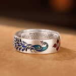 Buddha Stones 999 Sterling Silver Peacock Auspicious Clouds Engraved Lotus Flower Fortune Ring