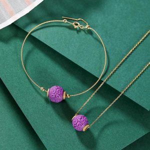 Buddha Stones 925 Sterling Silver Plated Gold Natural Purple Mica Stone Relief Bead Positive Necklace Pendant Bracelet Set Bracelet Necklaces & Pendants BS 2Pcs(Necklace&Bracelet)
