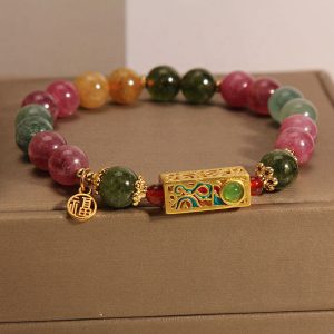 Buddha Stones Colorful Tourmaline Positive Fu Character Charm Bracelet Bracelet BS Tourmaline(Positive♥Love)(Wrist Circumference 14-16cm)