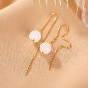 Buddha Stones 925 Sterling Silver White Jade Beaded Happiness Drop Earrings Earrings BS White Jade(Protection♥Happiness)