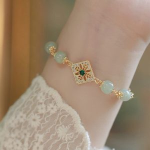 Buddha Stones Natural Hetian Jade Bead Square Pattern Luck Chain Bracelet Bracelet BS Jade(Prosperity♥Abundance)(Wrist Circumference 14-15cm)