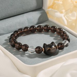 Buddha Stones Natural Ice Obsidian Silver Sheen Obsidian Cute Cat Positive Bracelet Bracelet BS 14-16cm