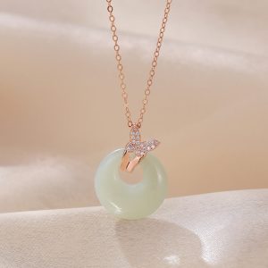 Buddha Stones 925 Sterling Silver Natural Hetian Jade Zircon Butterfly Luck Necklace Pendant Necklaces & Pendants BS Hetian Jade(Prosperity♥Abundance)