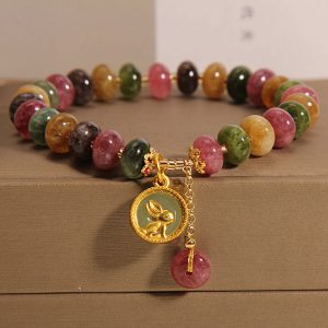 Buddha Stones Natural Colorful Tourmaline Cute Rabbit Charm Positive Bracelet Bracelet BS Tourmaline(Positive♥Love)(Wrist Circumference 14-16cm)