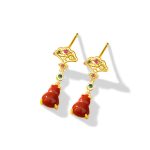 Buddha Stones 925 Sterling Silver Red Agate Gourd Auspicious Clouds Confidence Bracelet Necklace Pendant Earrings Set Bracelet Necklaces & Pendants BS Earrings(925 Sterling Silver Posts)